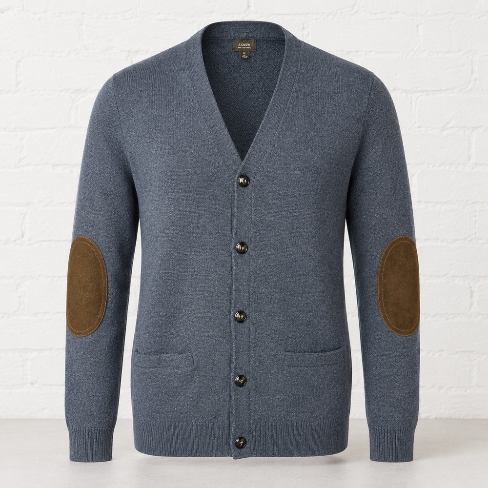 J. Crew Slate Blue Wool Cardigan with Brown Elbow Patches
